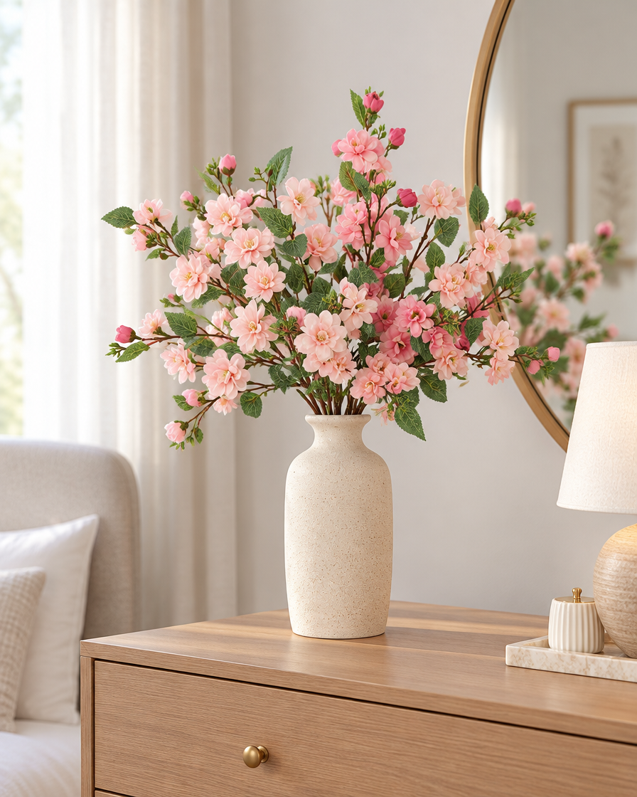 Pink Artificial Camellia Blossom Branches styled in a ceramic vase on a dresser (vase sold separately)