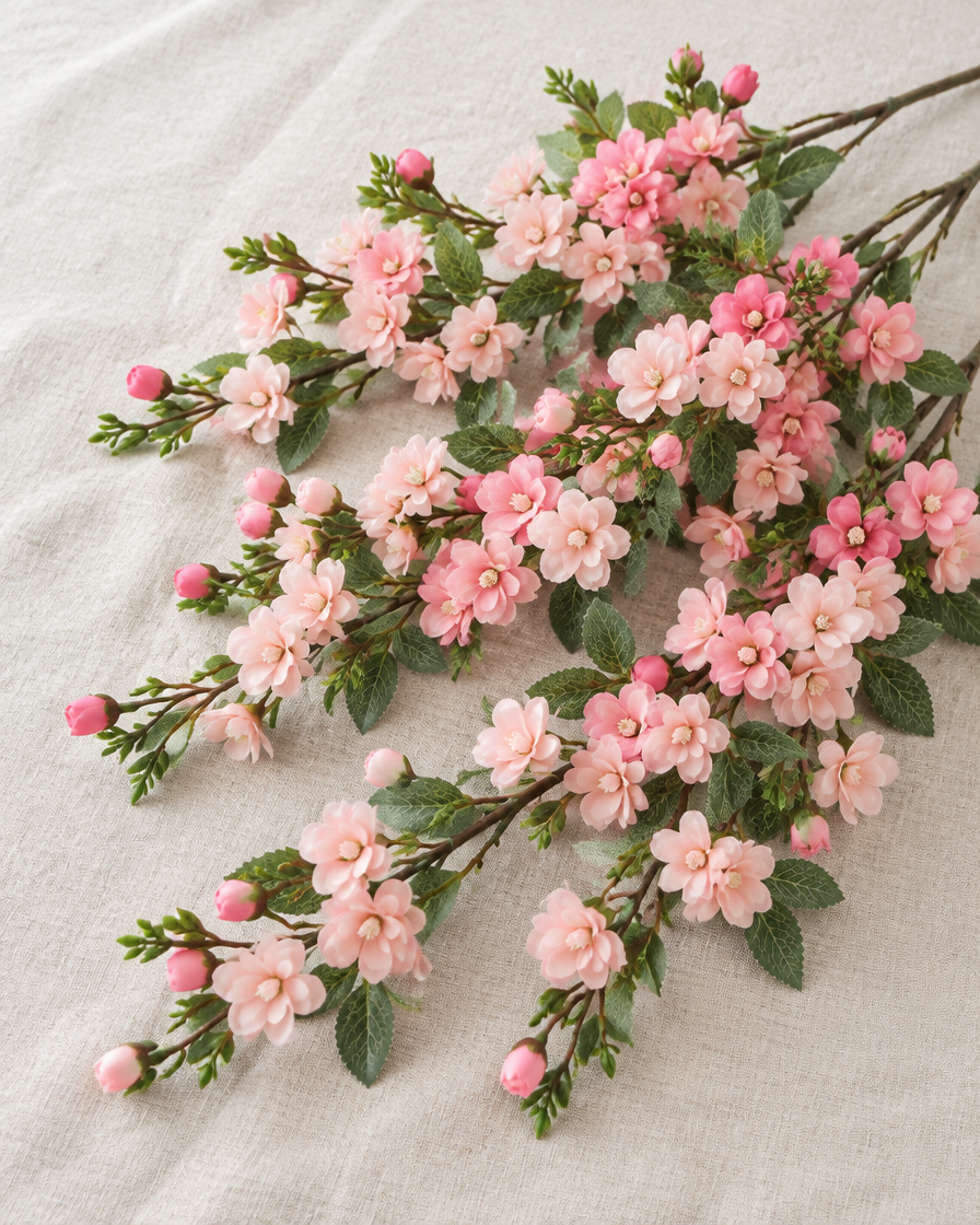 Pink Artificial Camellia Blossom Branches, shown alone on a linen background
