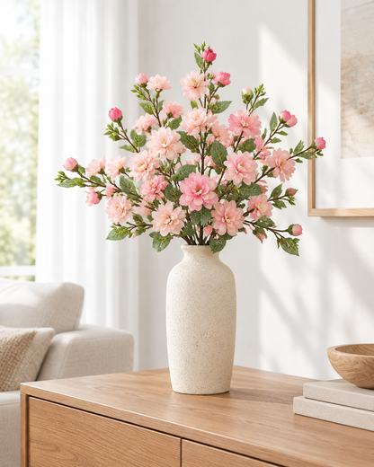 Pink Artificial Camellia Blossom Branches styled in a ceramic vase on a console table (vase sold separately)