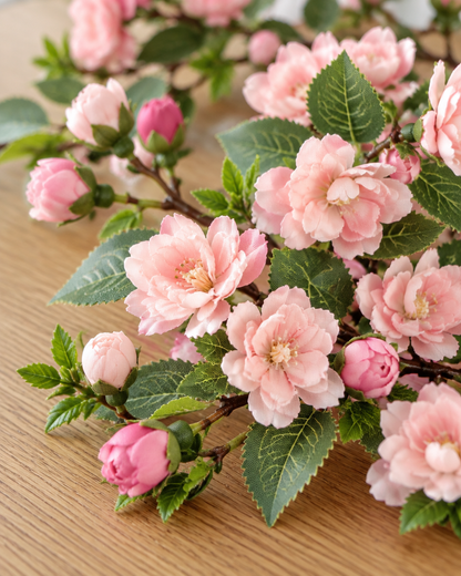 Close-up detail of the pink artificial camellia blossom branches on an oak table