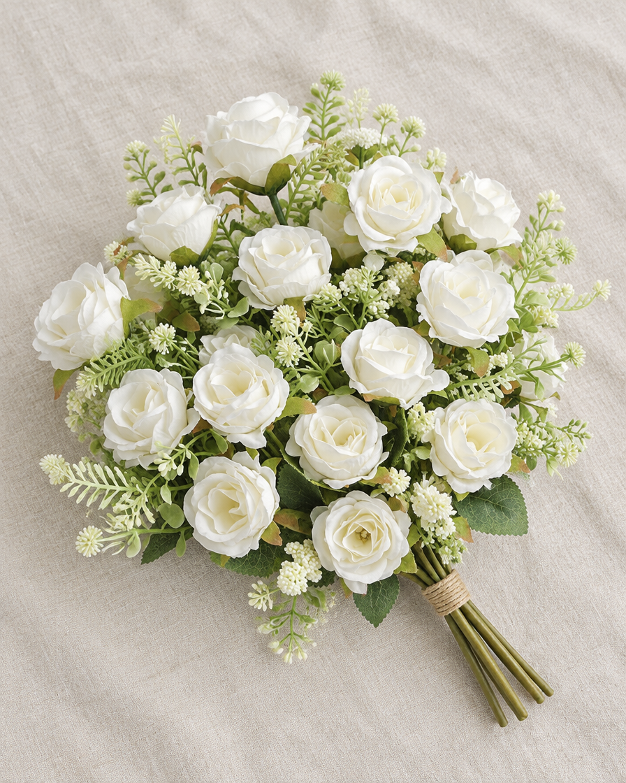 White Artificial Rose Bouquet with Greenery, shown alone on a linen background