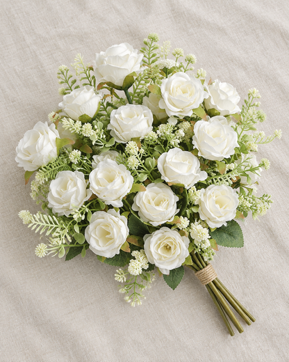 White Artificial Rose Bouquet with Greenery, shown alone on a linen background
