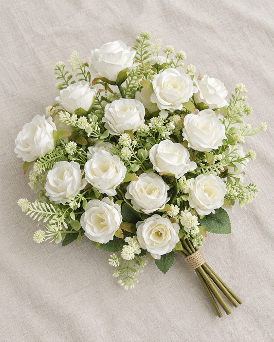 White Artificial Rose Bouquet with Greenery, shown alone on a linen background