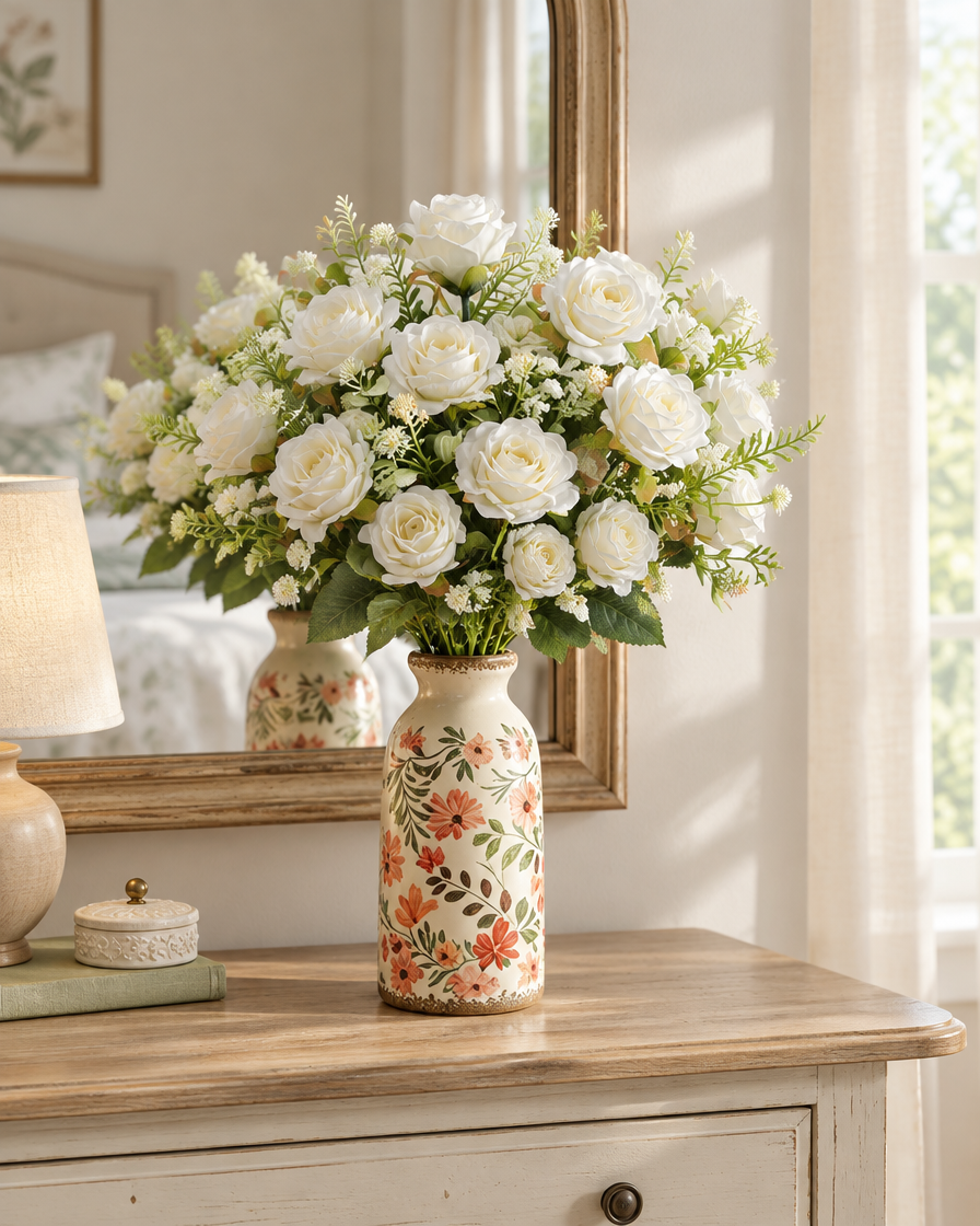 White Artificial Rose Bouquet with Greenery styled in a ceramic vase on a dresser (vase sold separately)
