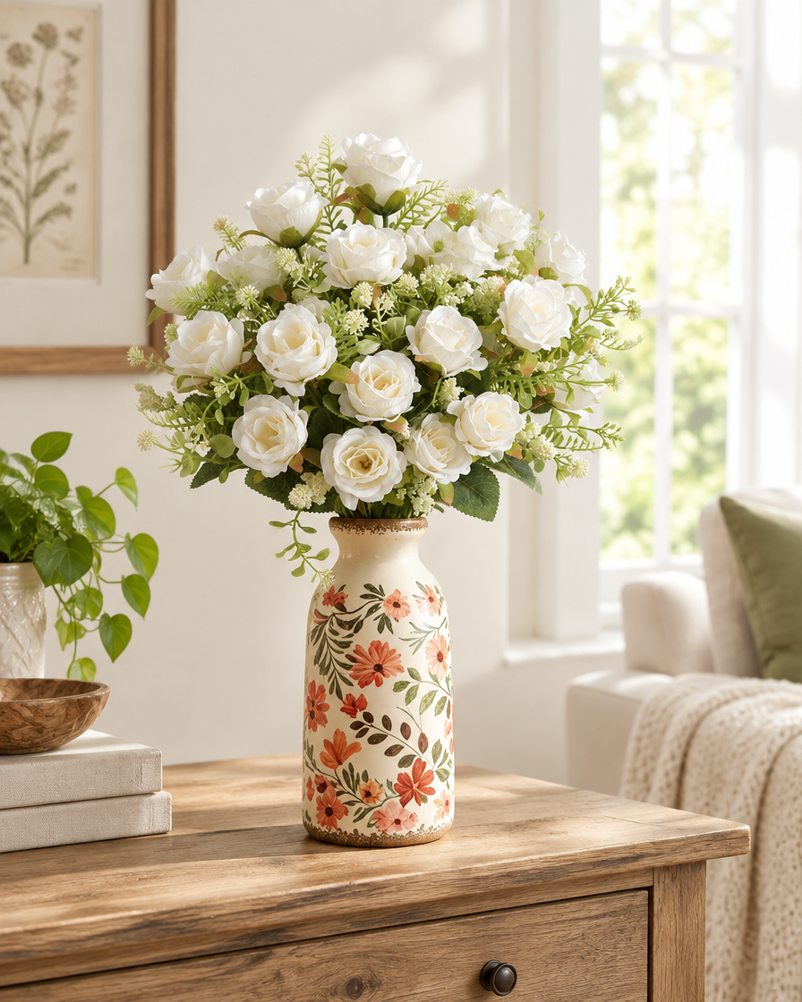 White Artificial Rose Bouquet with Greenery styled in a ceramic vase on a console table (vase sold separately)