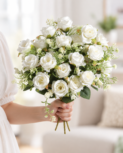 White Artificial Rose Bouquet with Greenery held in a hand