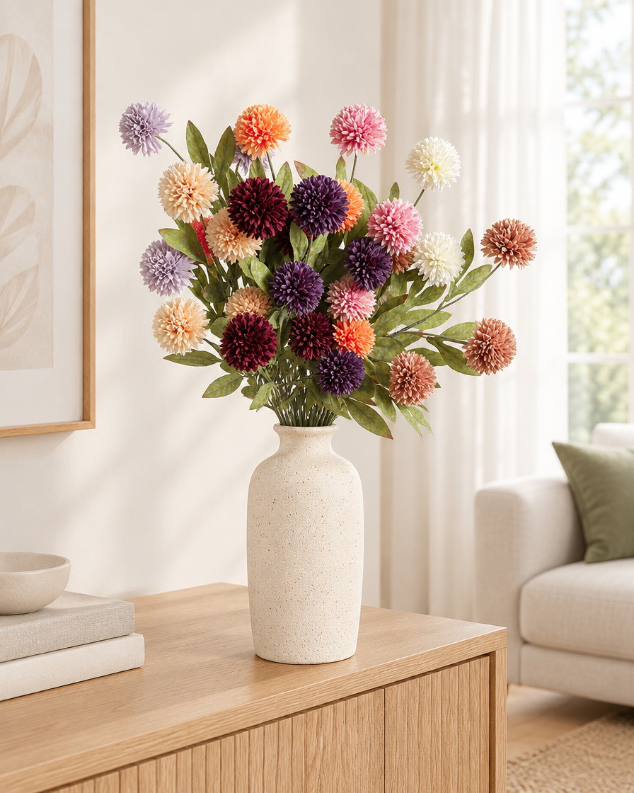 Mixed Colour Artificial Dandelion Ball Flower Stems styled in a ceramic vase on a console table (vase sold separately)
