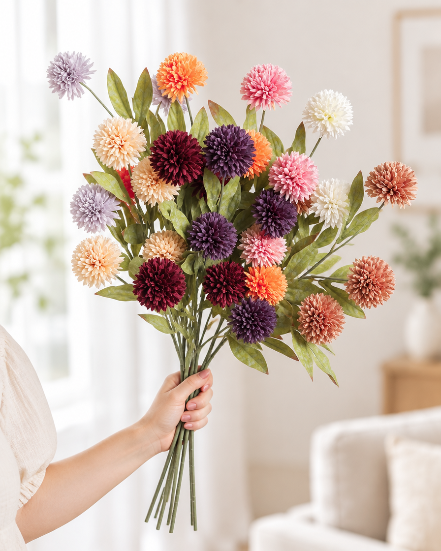 Mixed Colour Artificial Dandelion Ball Flower Stems held in a hand