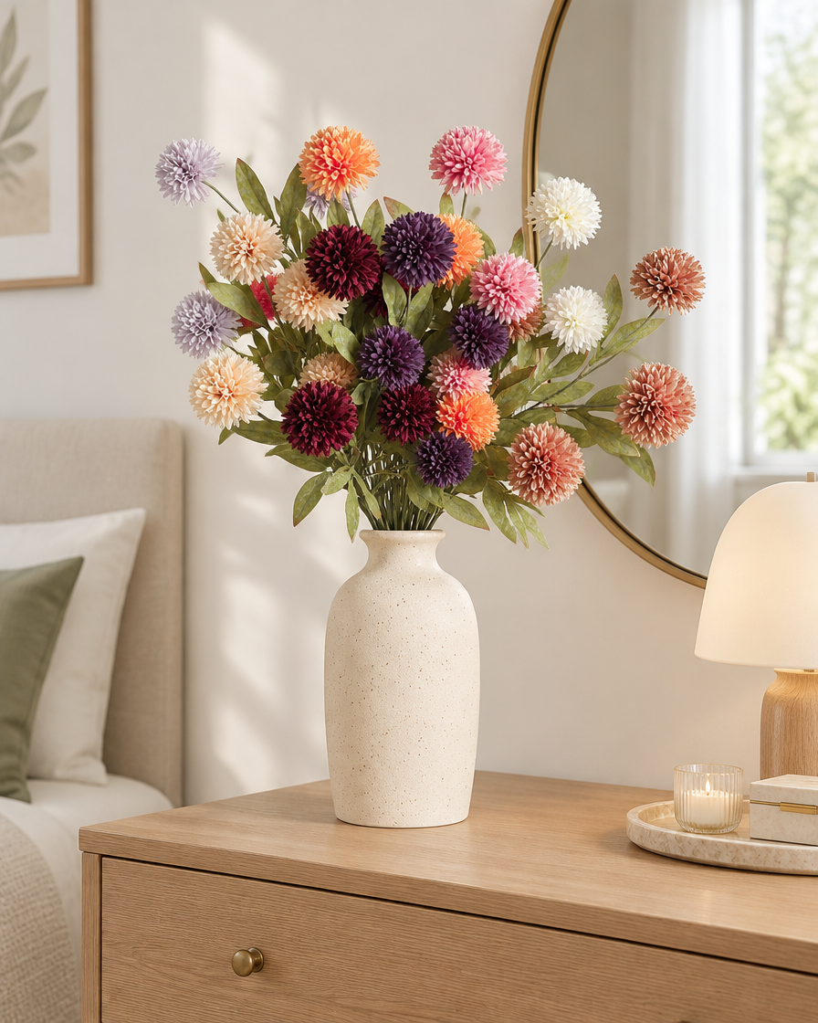 Mixed Colour Artificial Dandelion Ball Flower Stems styled in a ceramic vase on a dresser (vase sold separately)