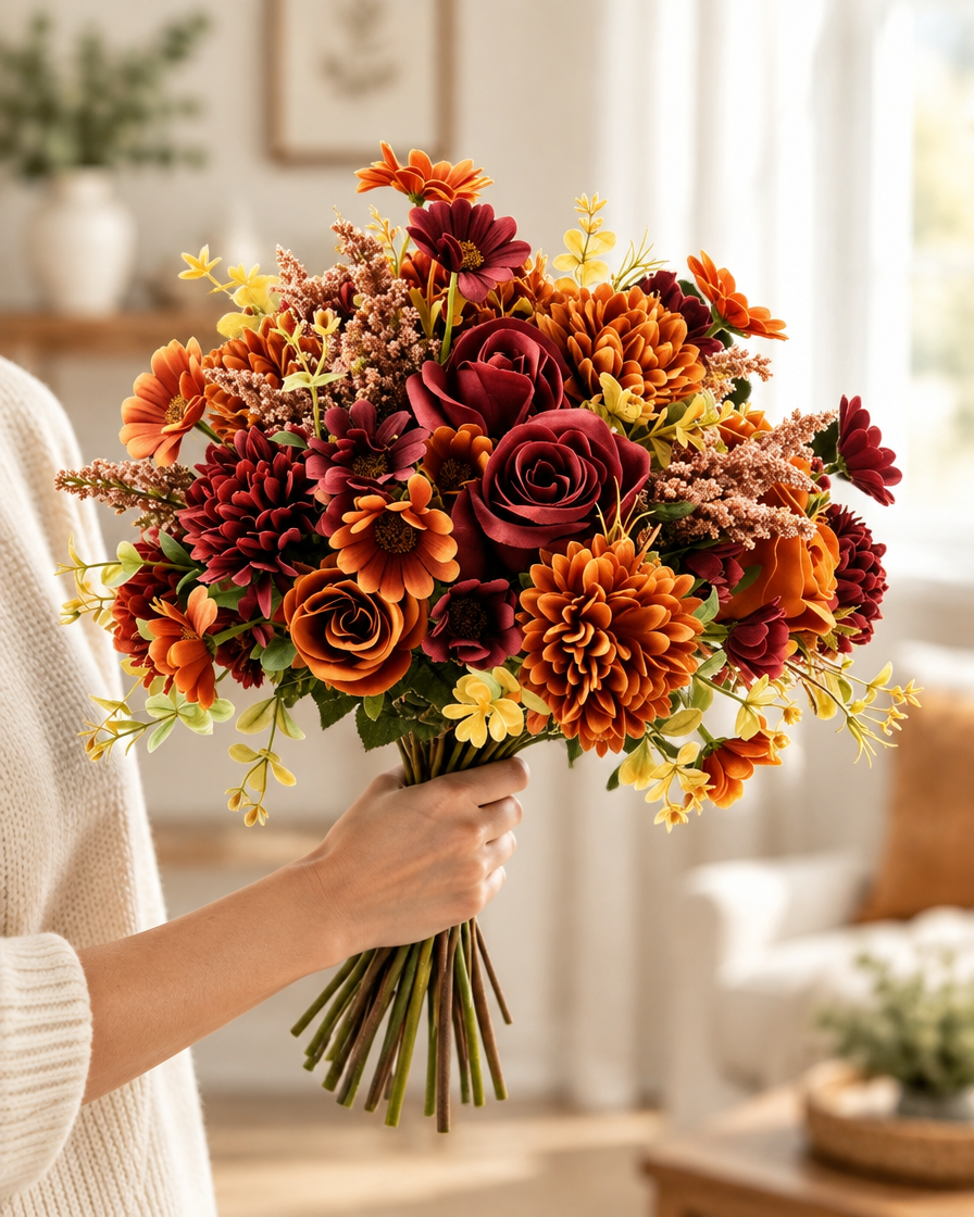 Autumn Artificial Rose & Chrysanthemum Bouquet held in a hand