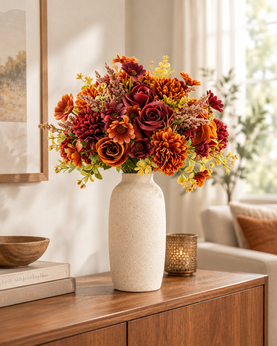 Autumn Artificial Rose & Chrysanthemum Bouquet styled in a ceramic vase on a console table (vase sold separately)