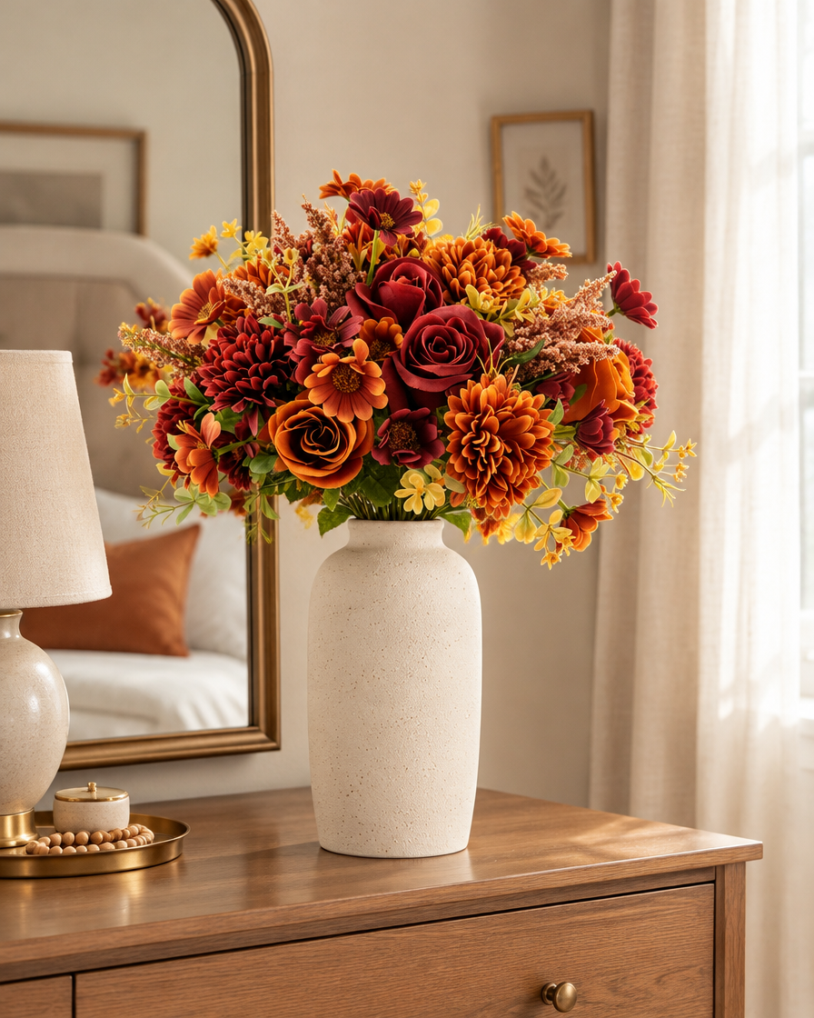 Autumn Artificial Rose & Chrysanthemum Bouquet styled in a ceramic vase on a dresser (vase sold separately)