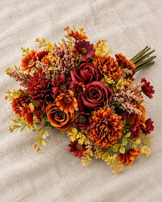 Autumn Artificial Rose & Chrysanthemum Bouquet, shown alone on a linen background