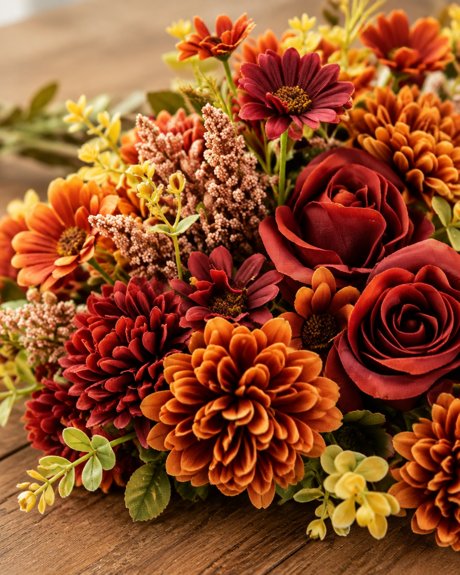 Close-up detail of the autumn artificial rose & chrysanthemum bouquet on an oak table