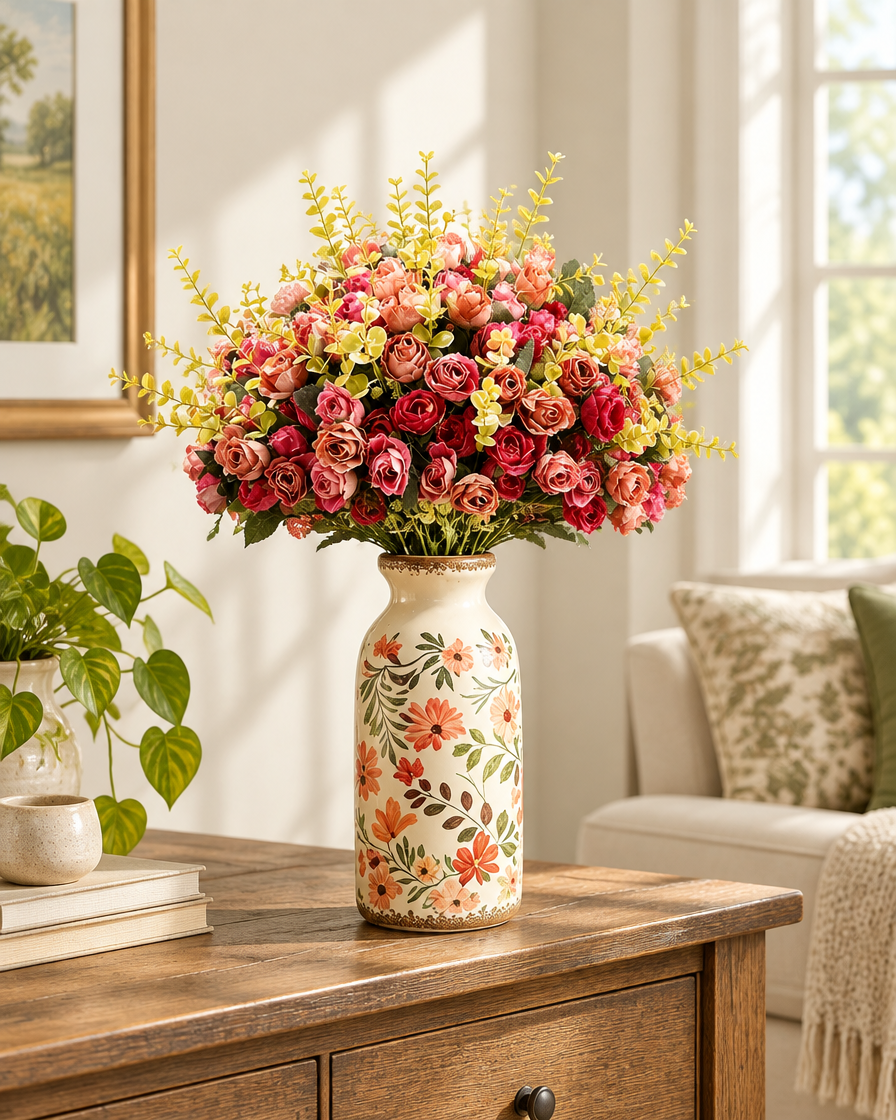 Red and Dusty Pink Artificial Rose Bouquet styled in a ceramic vase on a console table (vase sold separately)