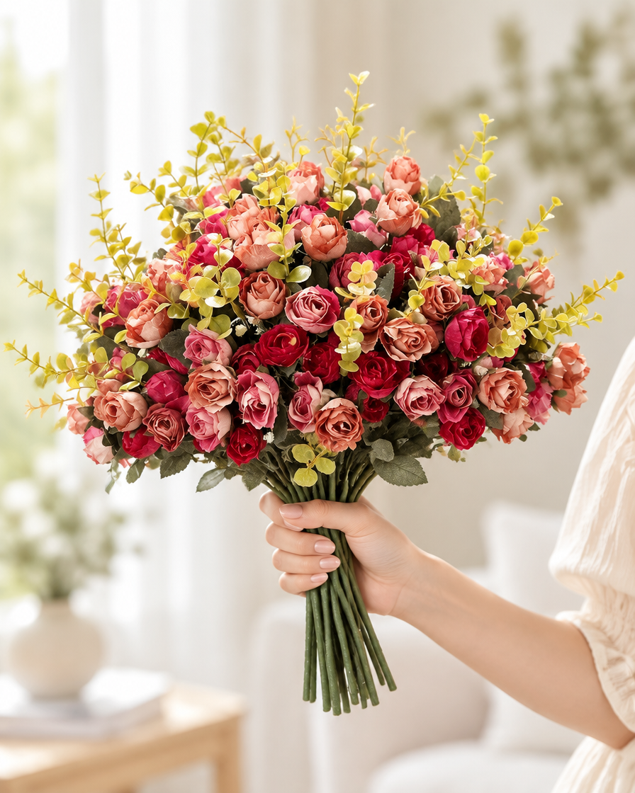 Red and Dusty Pink Artificial Rose Bouquet held in a hand