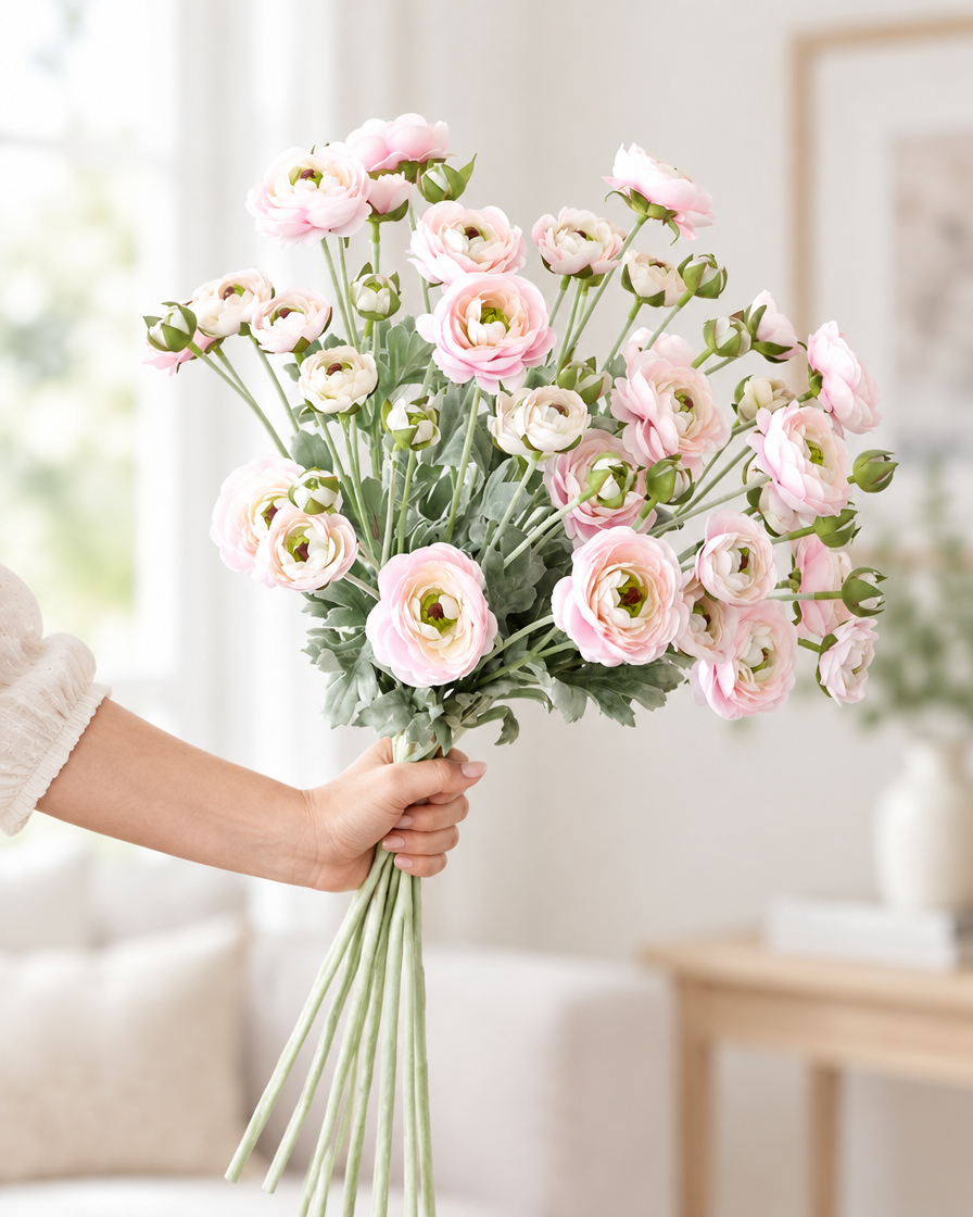 Pale Pink Artificial Ranunculus Stems held in a hand