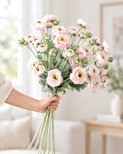 Pale Pink Artificial Ranunculus Stems held in a hand