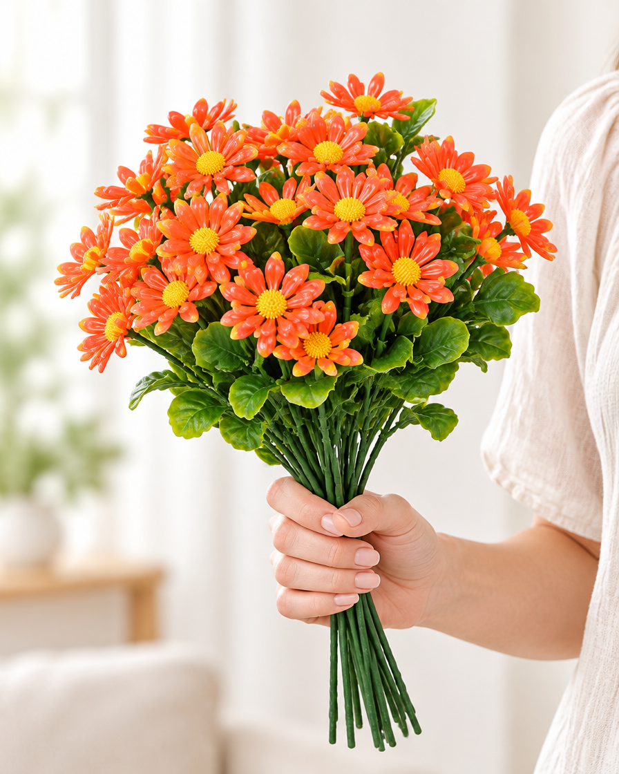 Orange Artificial Daisy Bunch held in a hand