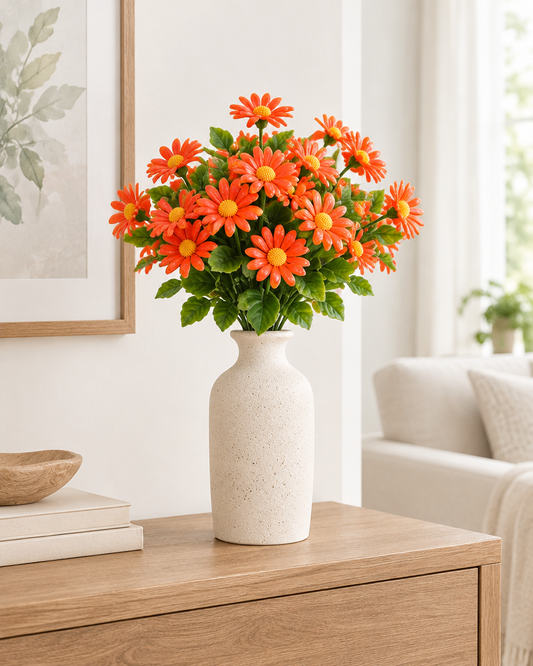 Orange Artificial Daisy Bunch styled in a ceramic vase on a console table (vase sold separately)