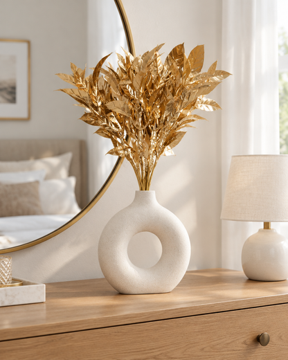 Gold Glitter Artificial Leaf Stems Bunch styled in a ceramic vase on a dresser (vase sold separately)