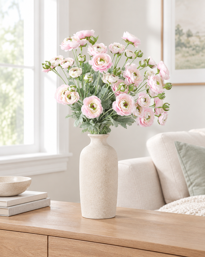 Pale Pink Artificial Ranunculus Stems styled in a ceramic vase on a console table (vase sold separately)