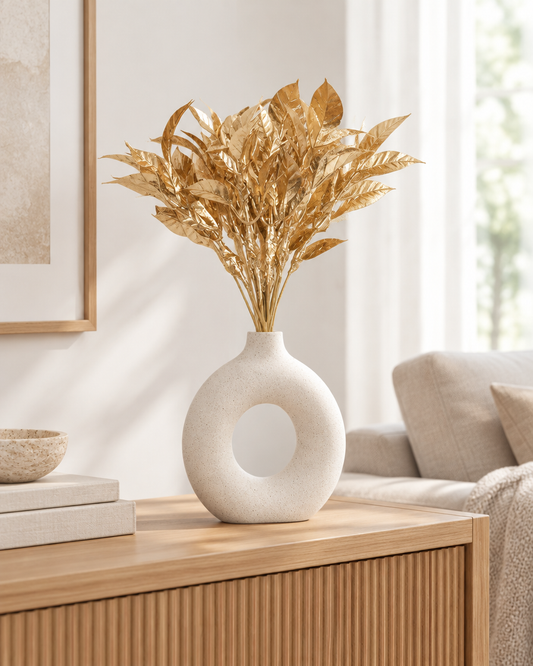 Gold Glitter Artificial Leaf Stems Bunch styled in a ceramic vase on a console table (vase sold separately)