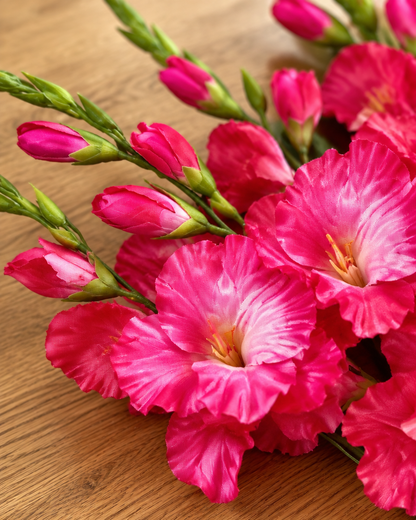 Close-up detail of the hot pink artificial gladiolus flower stems on an oak table