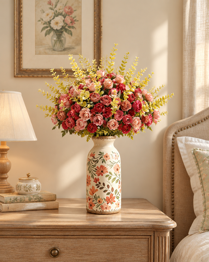 Red and Dusty Pink Artificial Rose Bouquet styled in a ceramic vase on a dresser (vase sold separately)