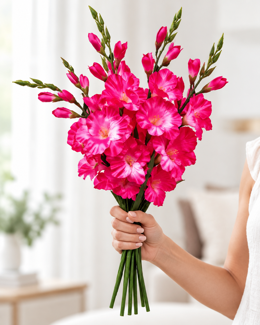 Hot Pink Artificial Gladiolus Flower Stems held in a hand