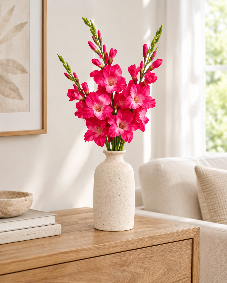 Hot Pink Artificial Gladiolus Flower Stems styled in a ceramic vase on a console table (vase sold separately)