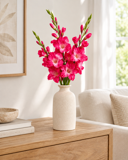 Hot Pink Artificial Gladiolus Flower Stems styled in a ceramic vase on a console table (vase sold separately)