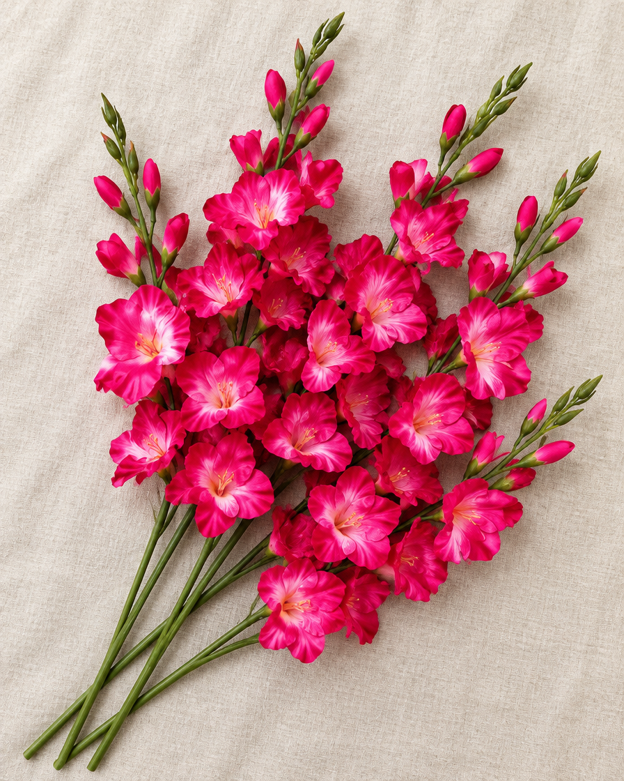Hot Pink Artificial Gladiolus Flower Stems, shown alone on a linen background