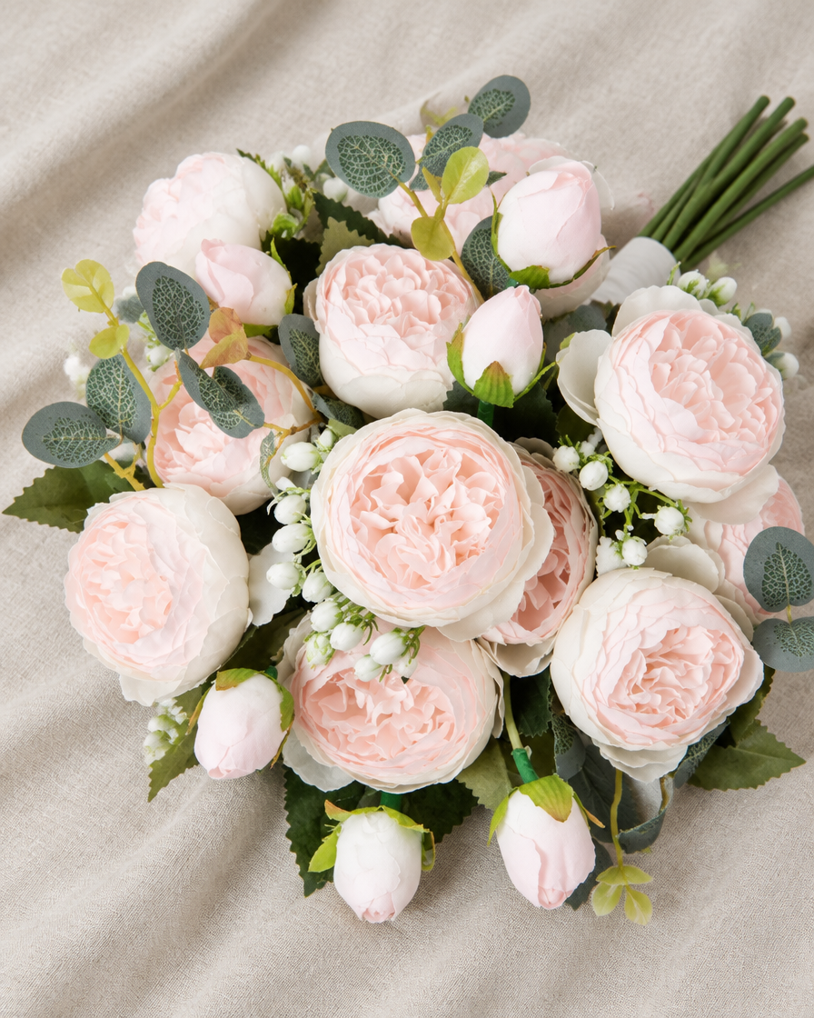 Blush Pink Artificial Peony Bouquet, shown alone on a linen background