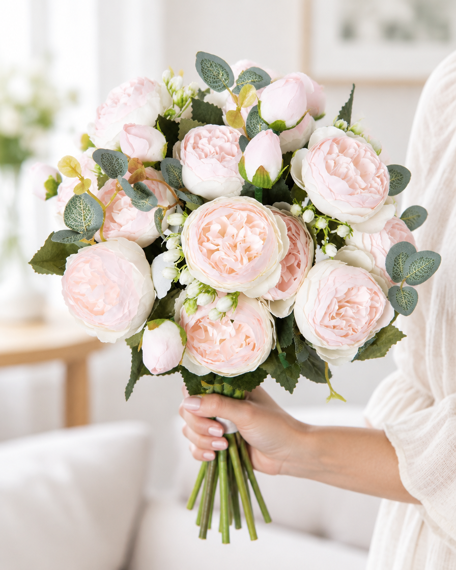 Blush Pink Artificial Peony Bouquet held in a hand