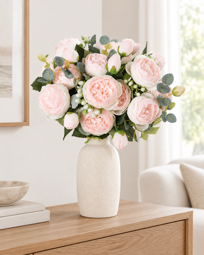 Blush Pink Artificial Peony Bouquet styled in a ceramic vase on a console table (vase sold separately)