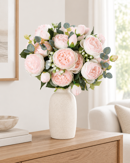 Blush Pink Artificial Peony Bouquet styled in a ceramic vase on a console table (vase sold separately)