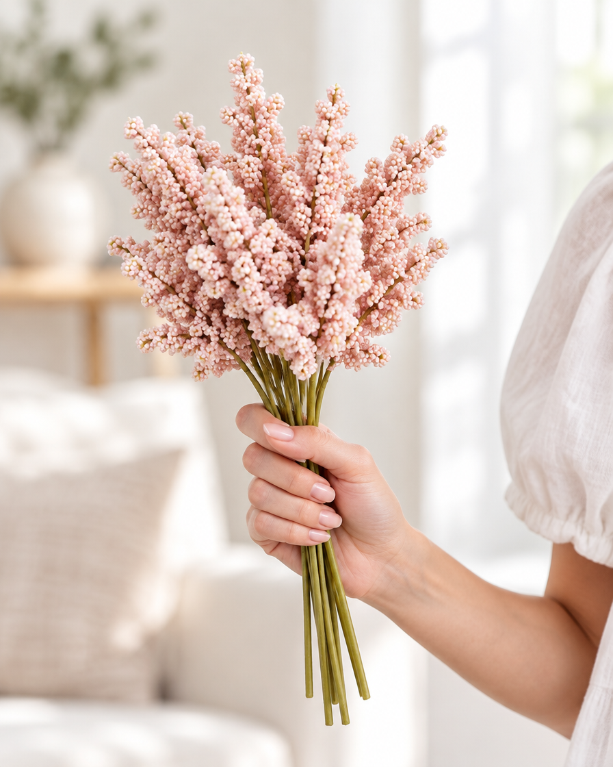 Blush Pink Artificial Lavender Bunch held in a hand