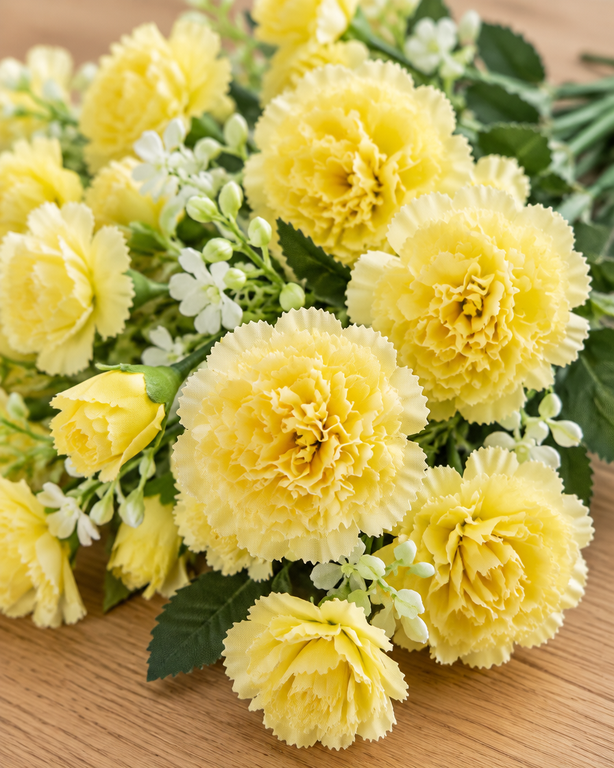 Close-up detail of the yellow artificial carnation bouquet on an oak table