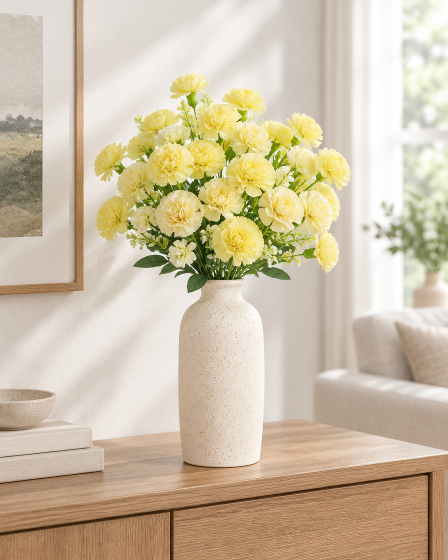 Yellow Artificial Carnation Bouquet styled in a ceramic vase on a console table (vase sold separately)