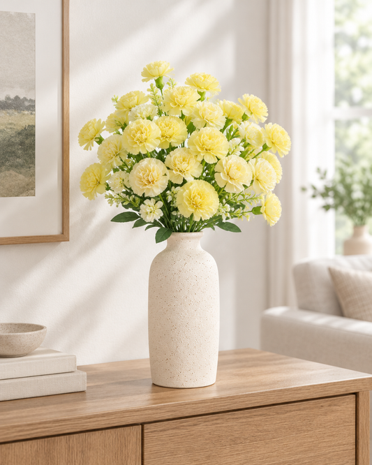 Yellow Artificial Carnation Bouquet styled in a ceramic vase on a console table (vase sold separately)