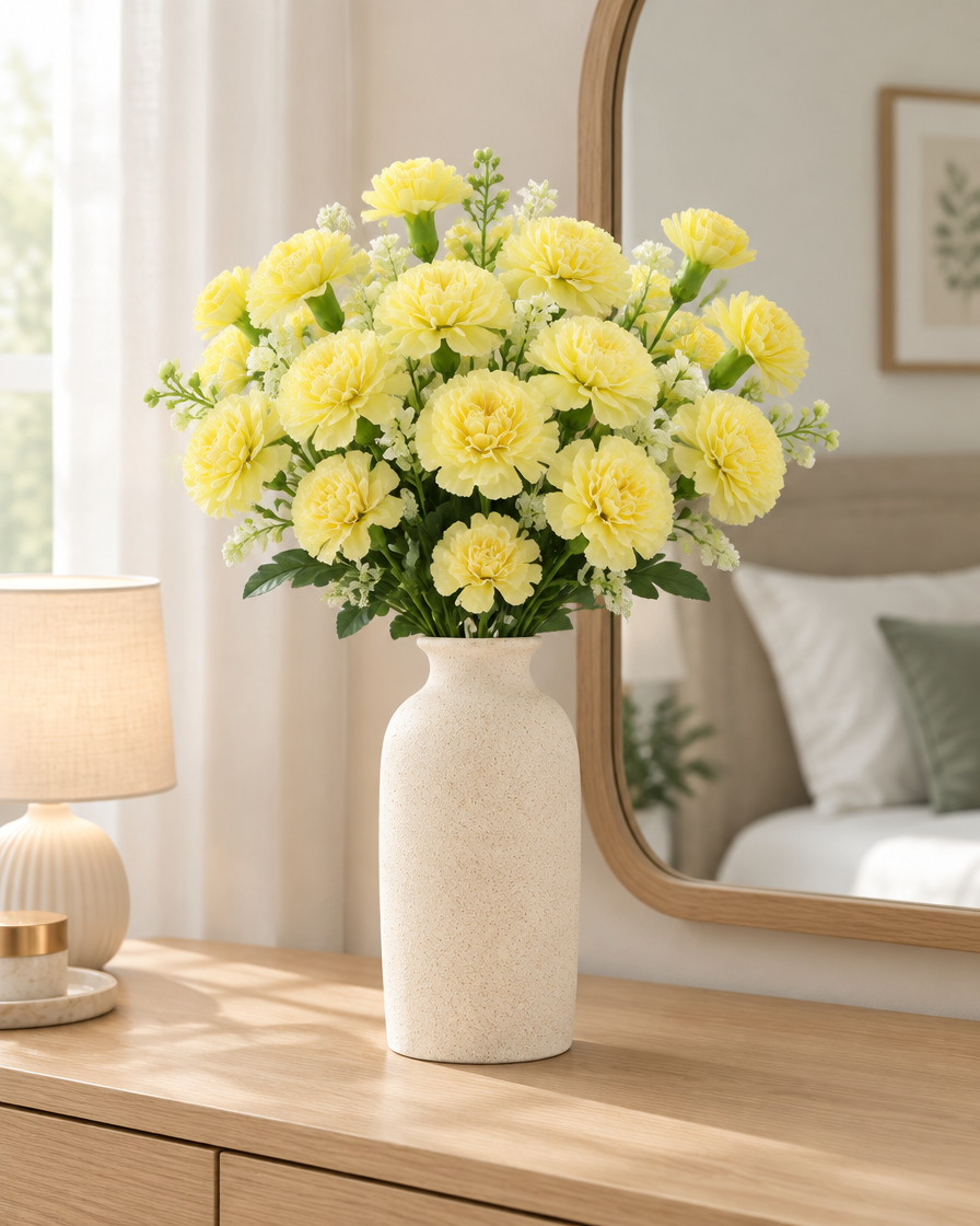 Yellow Artificial Carnation Bouquet styled in a ceramic vase on a dresser (vase sold separately)