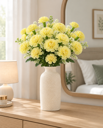 Yellow Artificial Carnation Bouquet styled in a ceramic vase on a dresser (vase sold separately)