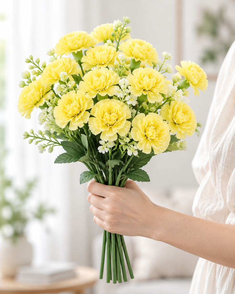 Yellow Artificial Carnation Bouquet held in a hand