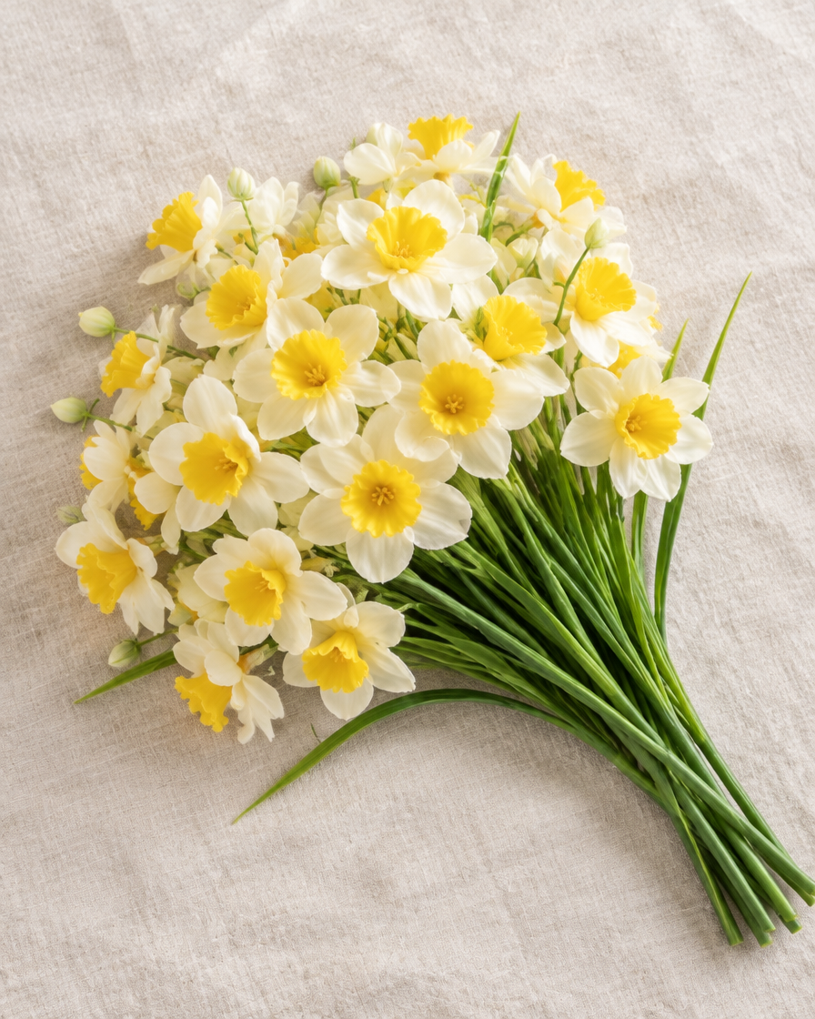 Cream & Yellow Artificial Daffodil Bunch, shown alone on a linen background