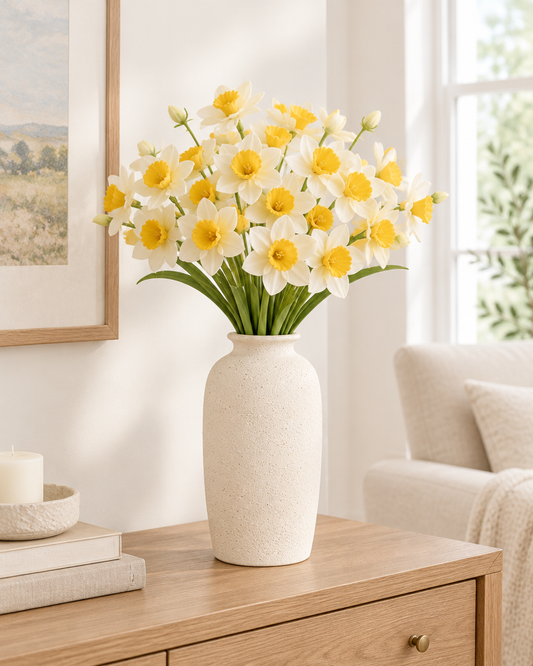 Cream & Yellow Artificial Daffodil Bunch styled in a ceramic vase on a console table (vase sold separately)