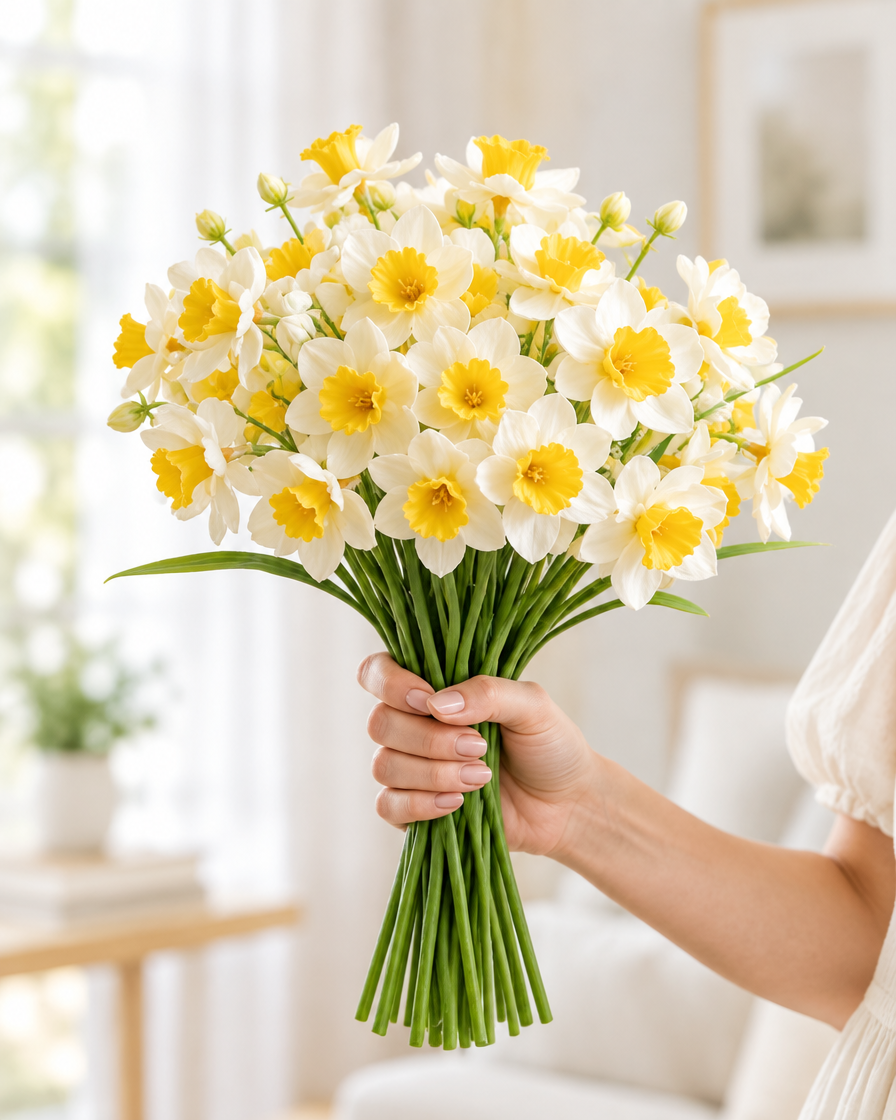 Cream & Yellow Artificial Daffodil Bunch held in a hand