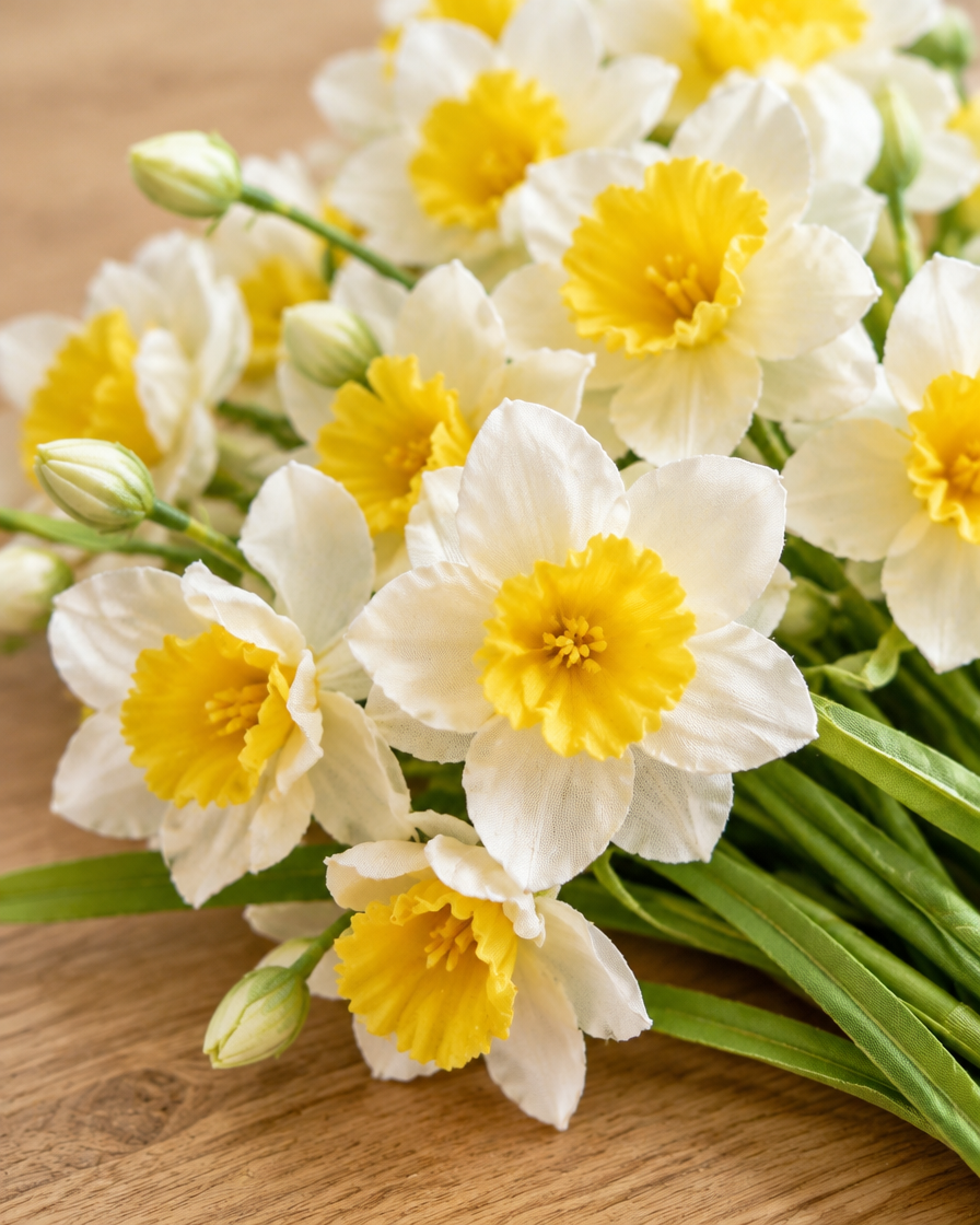 Close-up detail of the cream & yellow artificial daffodil bunch on an oak table