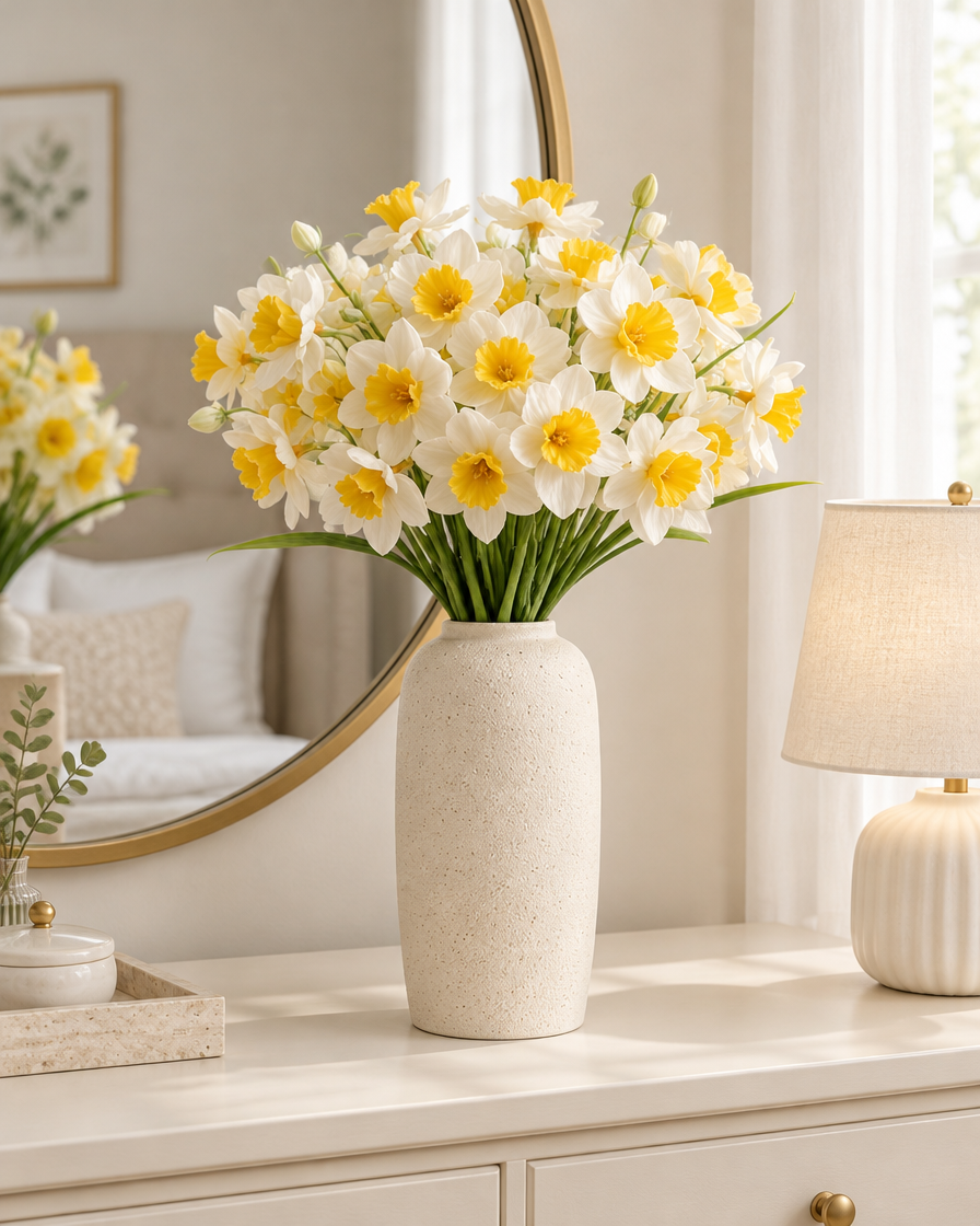 Cream & Yellow Artificial Daffodil Bunch styled in a ceramic vase on a dresser (vase sold separately)