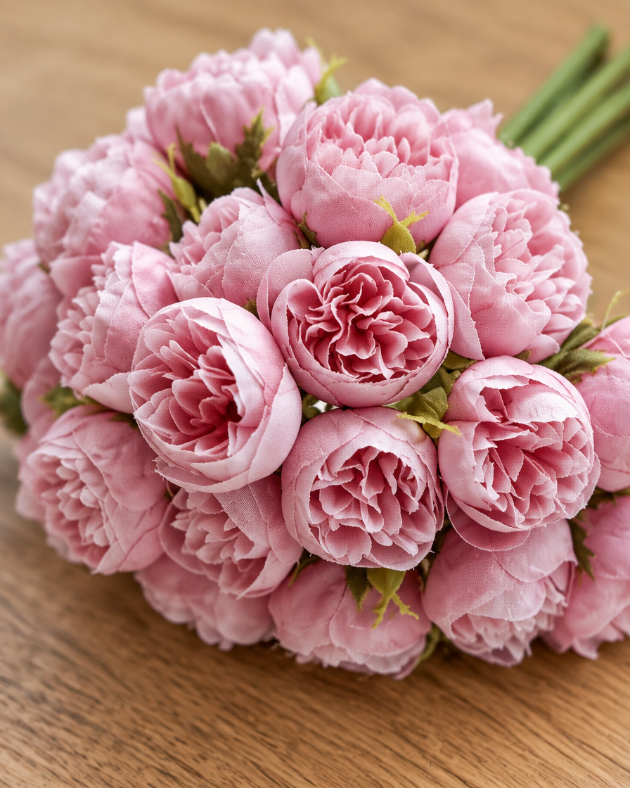 Close-up detail of the pink artificial peony bunch on an oak table